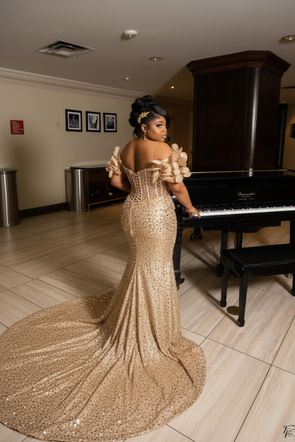Champagne gold 3D petal mermaid prom dress back view
