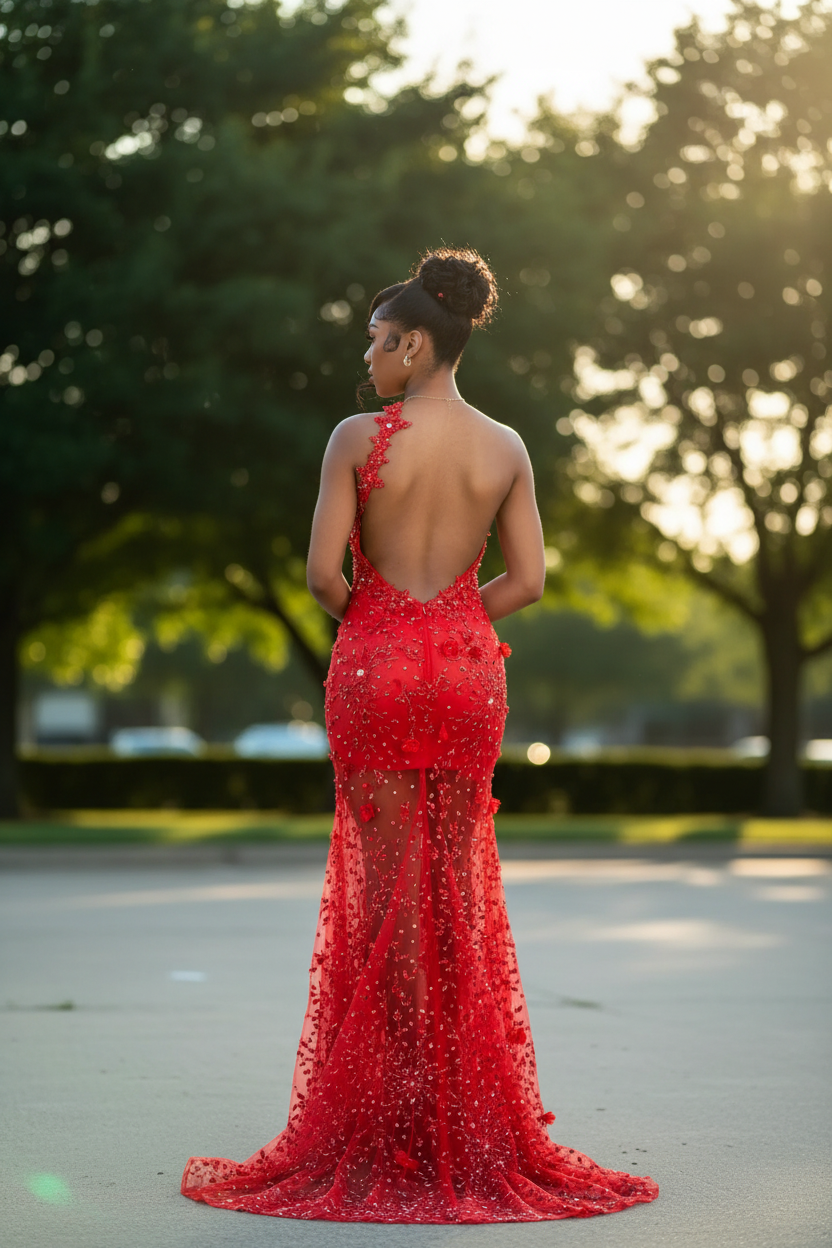 Red Hot Sheer Illusion Beaded Mermaid Prom Dress with 3D Florals - Back View