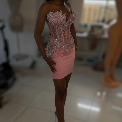 Dusty Pink Crystal Beaded 3D Floral Corset Homecoming Dress | HC009