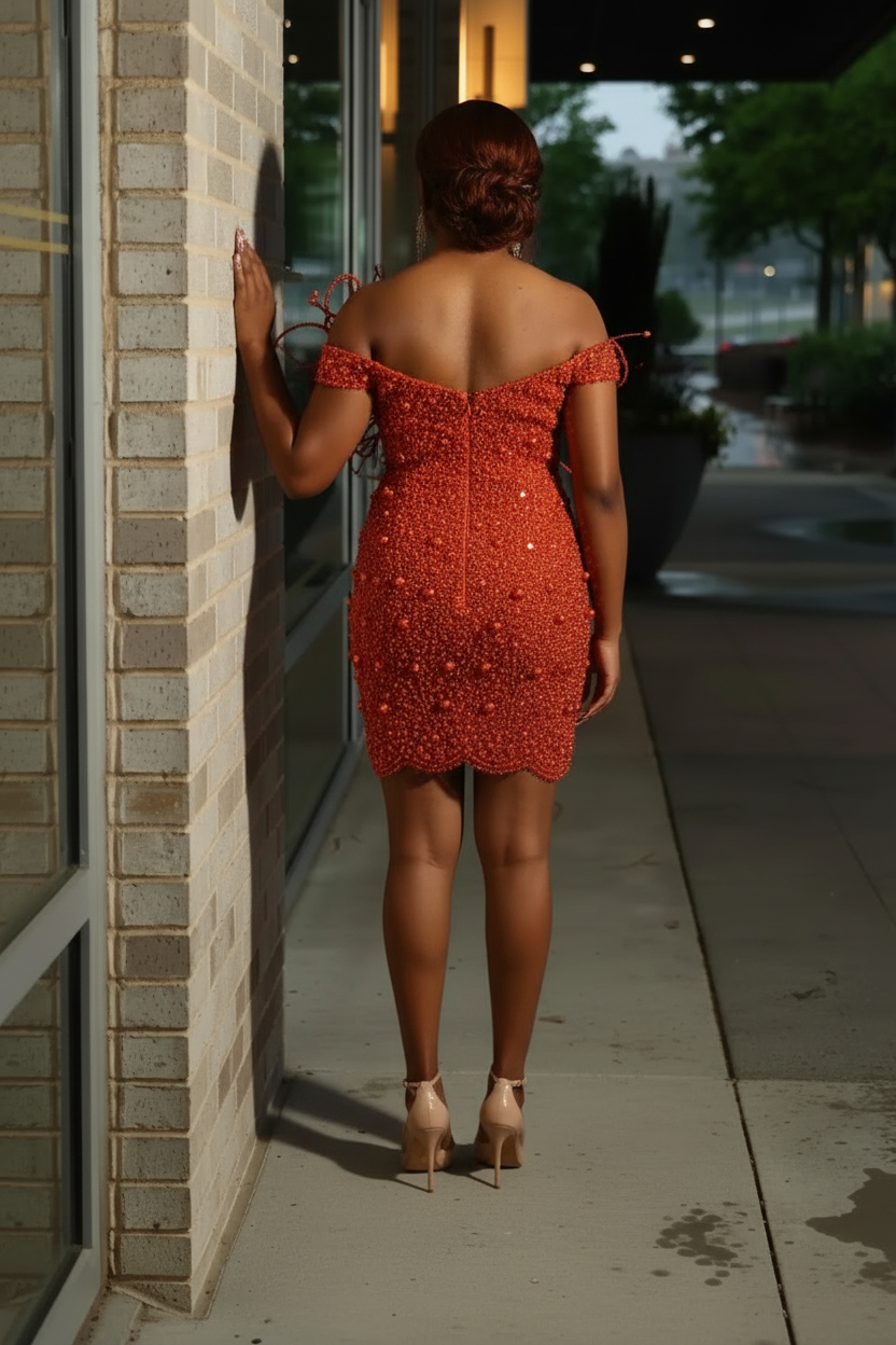 Burnt Orange Red Crystal Beaded Off-Shoulder Homecoming Mini Party Dress - Back View
