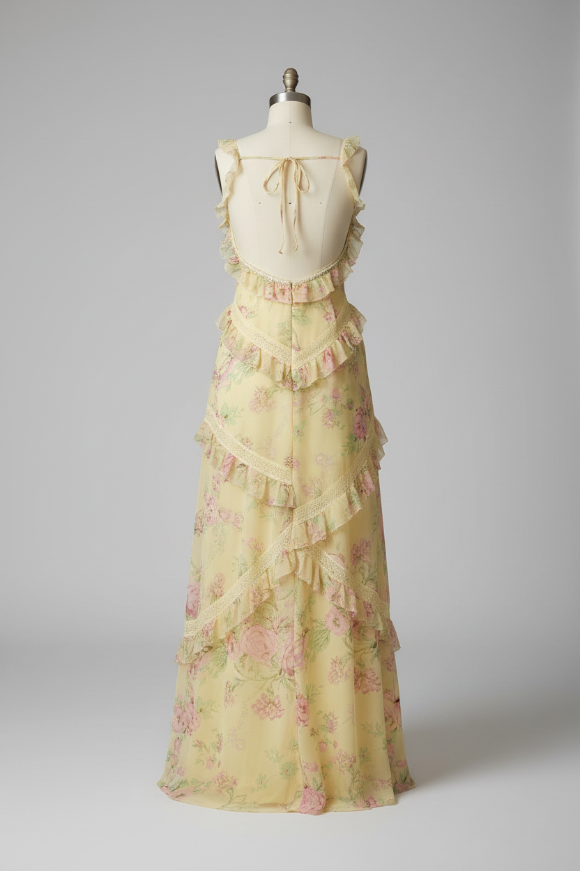 Yellow Floral Print Tiered Ruffle Prom Dress with Open Back and Tie Straps-LLELLA