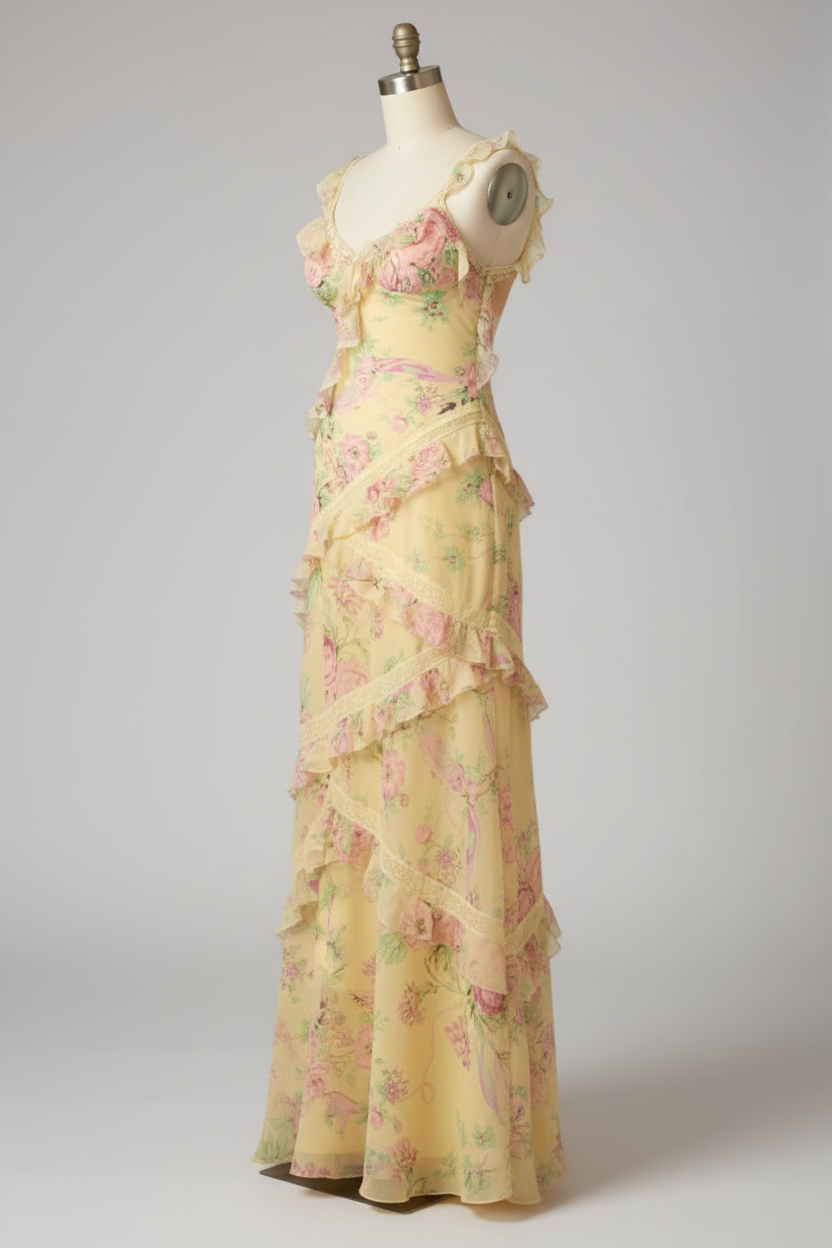 Yellow Floral Print Tiered Ruffle Prom Dress with Open Back and Tie Straps-LLELLA