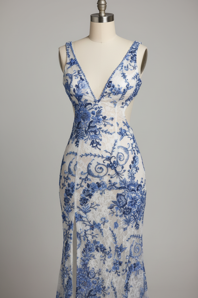 White Mermaid Prom Dress with Blue Floral Lace Embroidery and Cutout Waist-LLELLA