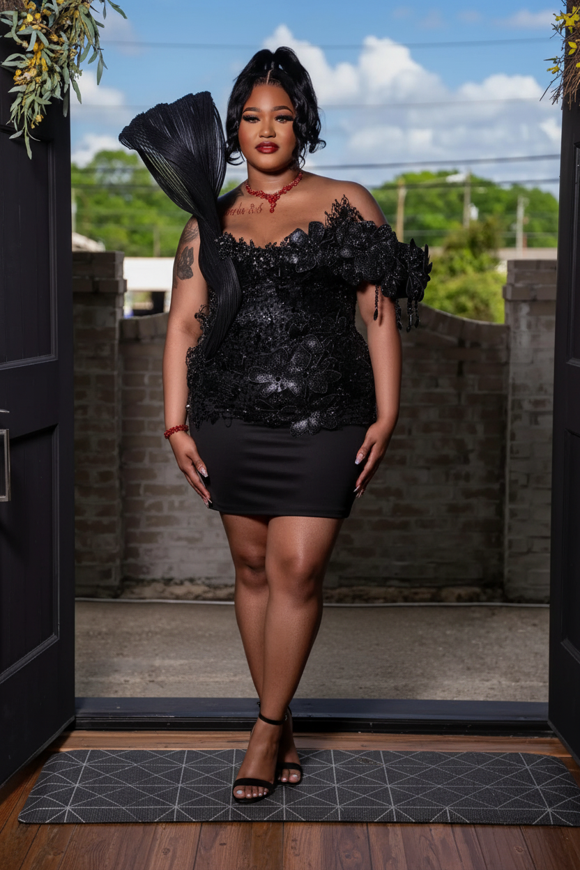 Black 3D Floral Sequin Off-Shoulder Mini Homecoming Dress HC078 - Front