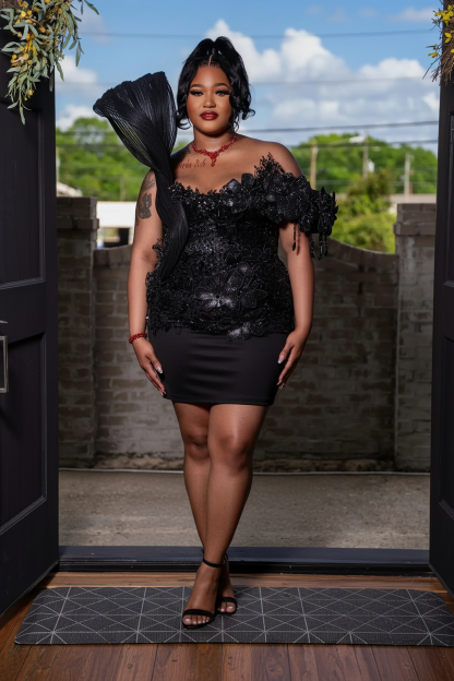 Black 3D Floral Sequin Off-Shoulder Mini Homecoming Dress HC078 - Front