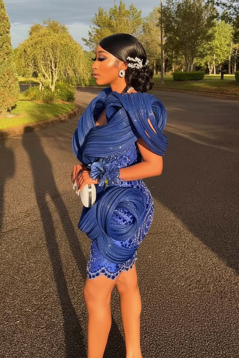 Royal blue sequin beaded sculptural mini party dress front view