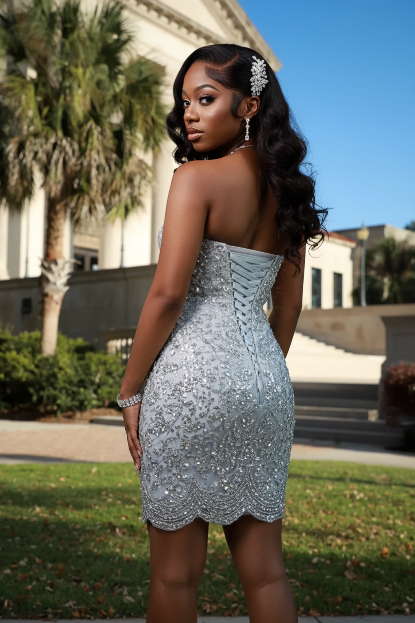 Silver ice blue crystal beaded corset mini dress - back view