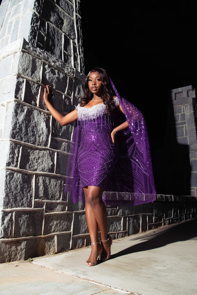 Purple Reign Sequin Beaded Mini Homecoming Dress with Cape Veil HC076 - Front