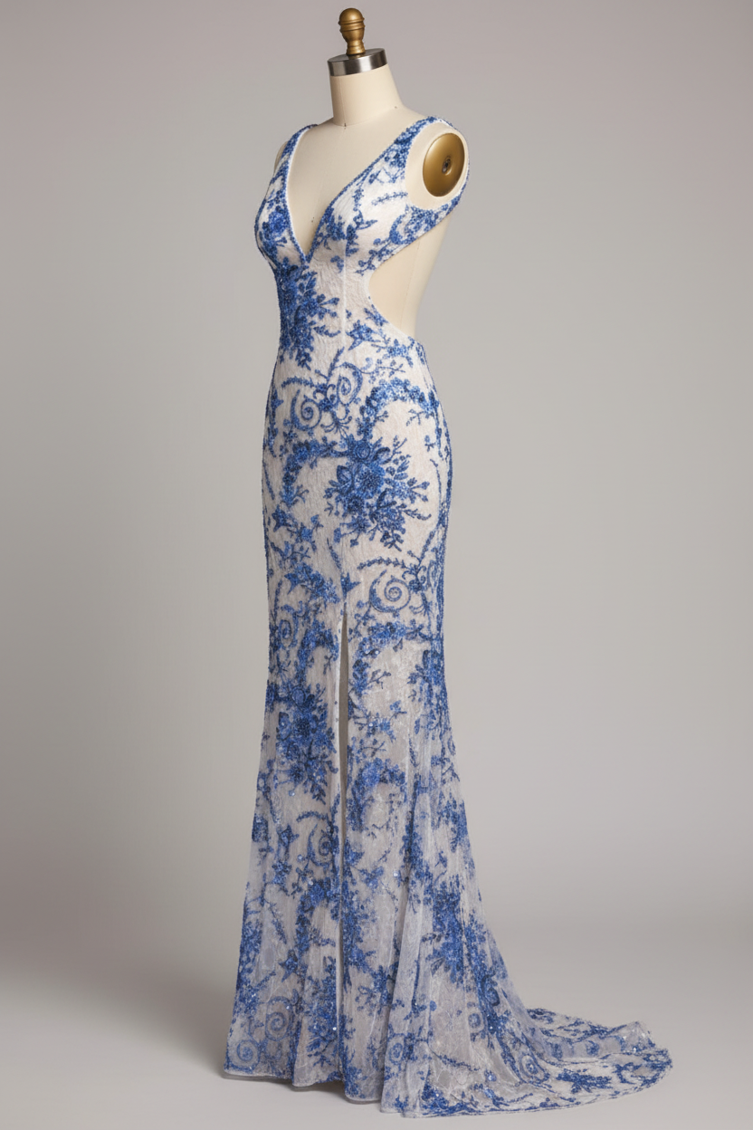 White Mermaid Prom Dress with Blue Floral Lace Embroidery and Cutout Waist-LLELLA