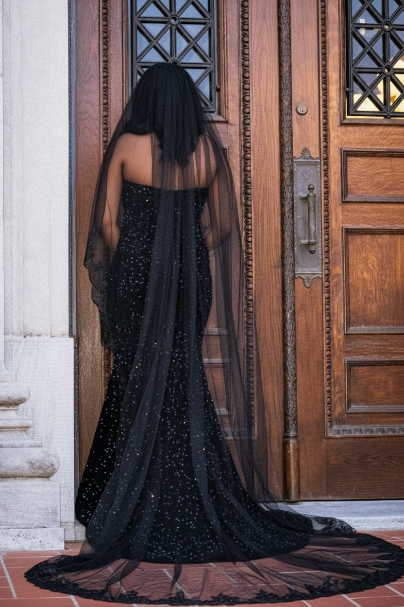 Black sequin mermaid prom dress back view with lace veil