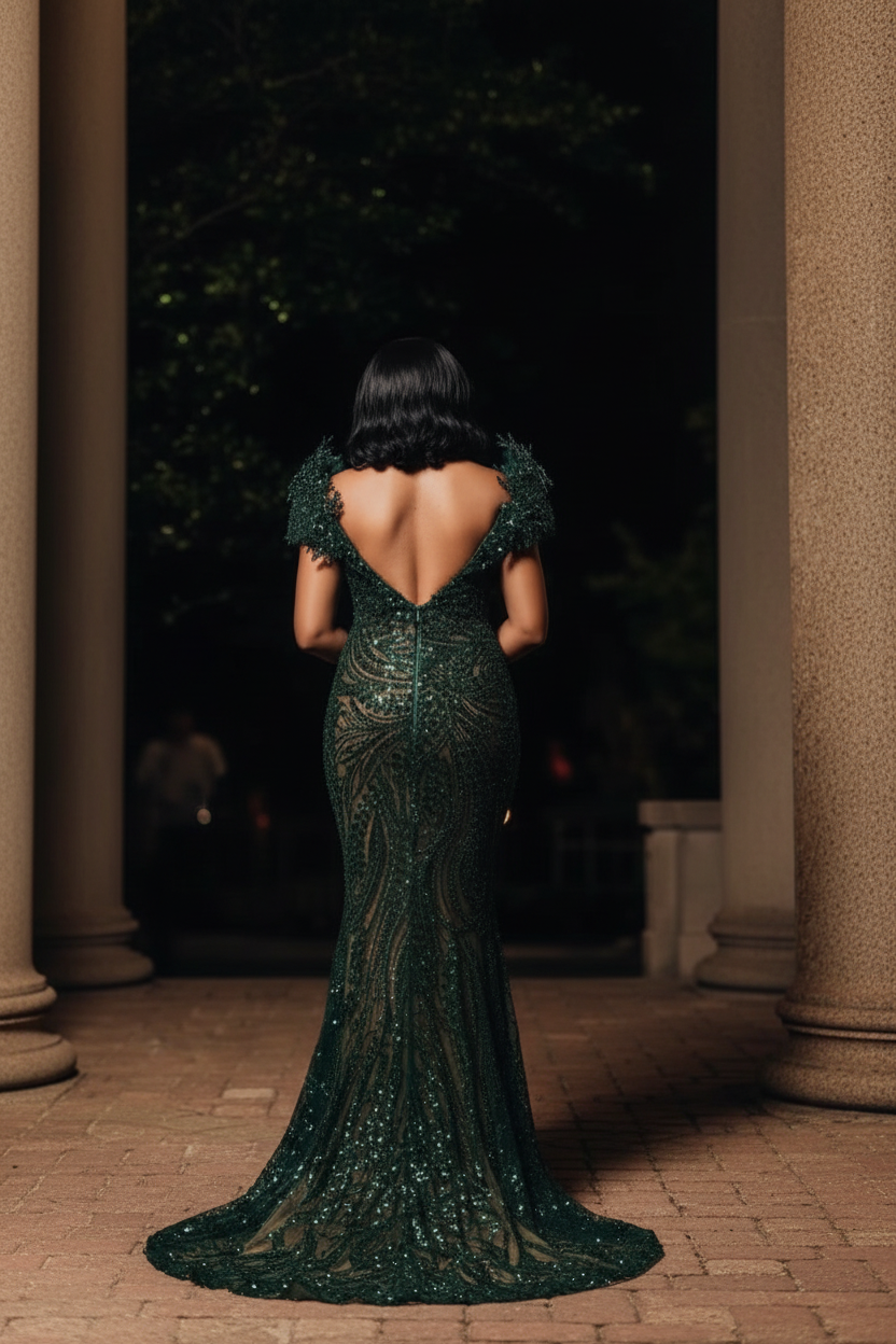 Emerald green 3D leaf crystal beaded deep V-back mermaid prom dress - back view showing open V-back leaf appliques and crystal swirl pattern sweep train