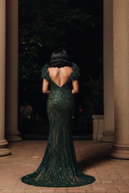 Emerald green 3D leaf crystal beaded deep V-back mermaid prom dress - back view showing open V-back leaf appliques and crystal swirl pattern sweep train