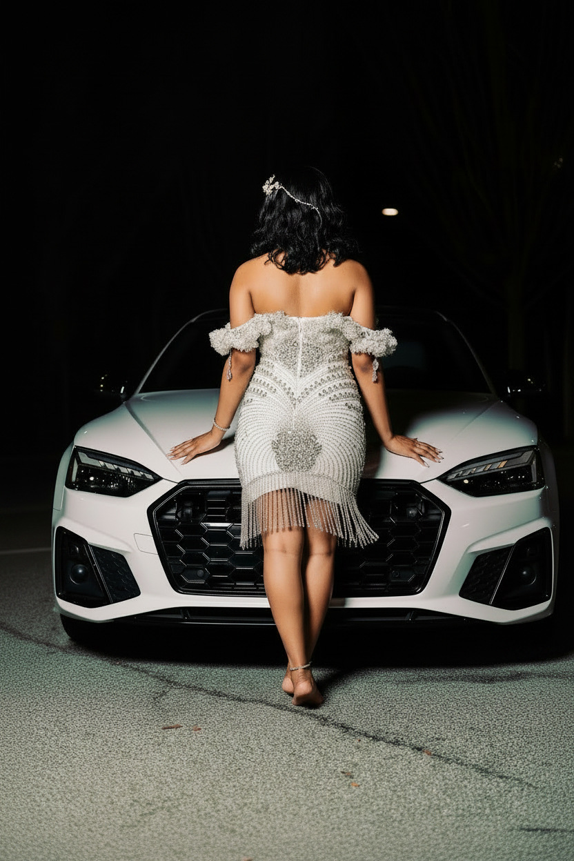 White silver beaded 3D floral off-shoulder mini homecoming dress back view