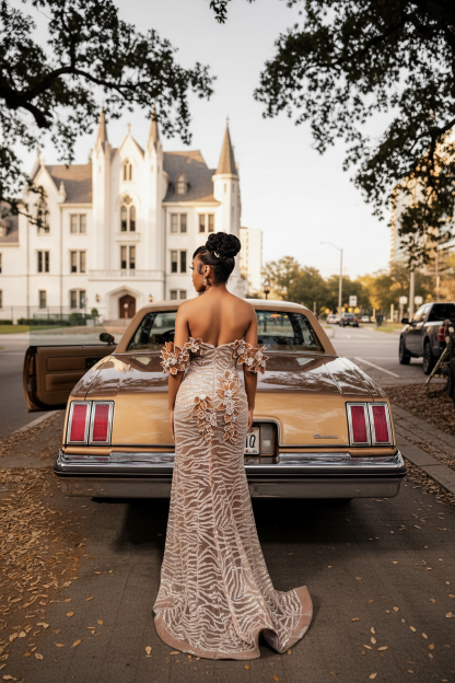 Champagne gold 3D floral petal off-shoulder zebra sequin sheer mermaid prom dress - back view showing open back floral petal puff sleeves champagne zebra sequin pattern high slit sweep train vintage Oldsmobile Gothic castle