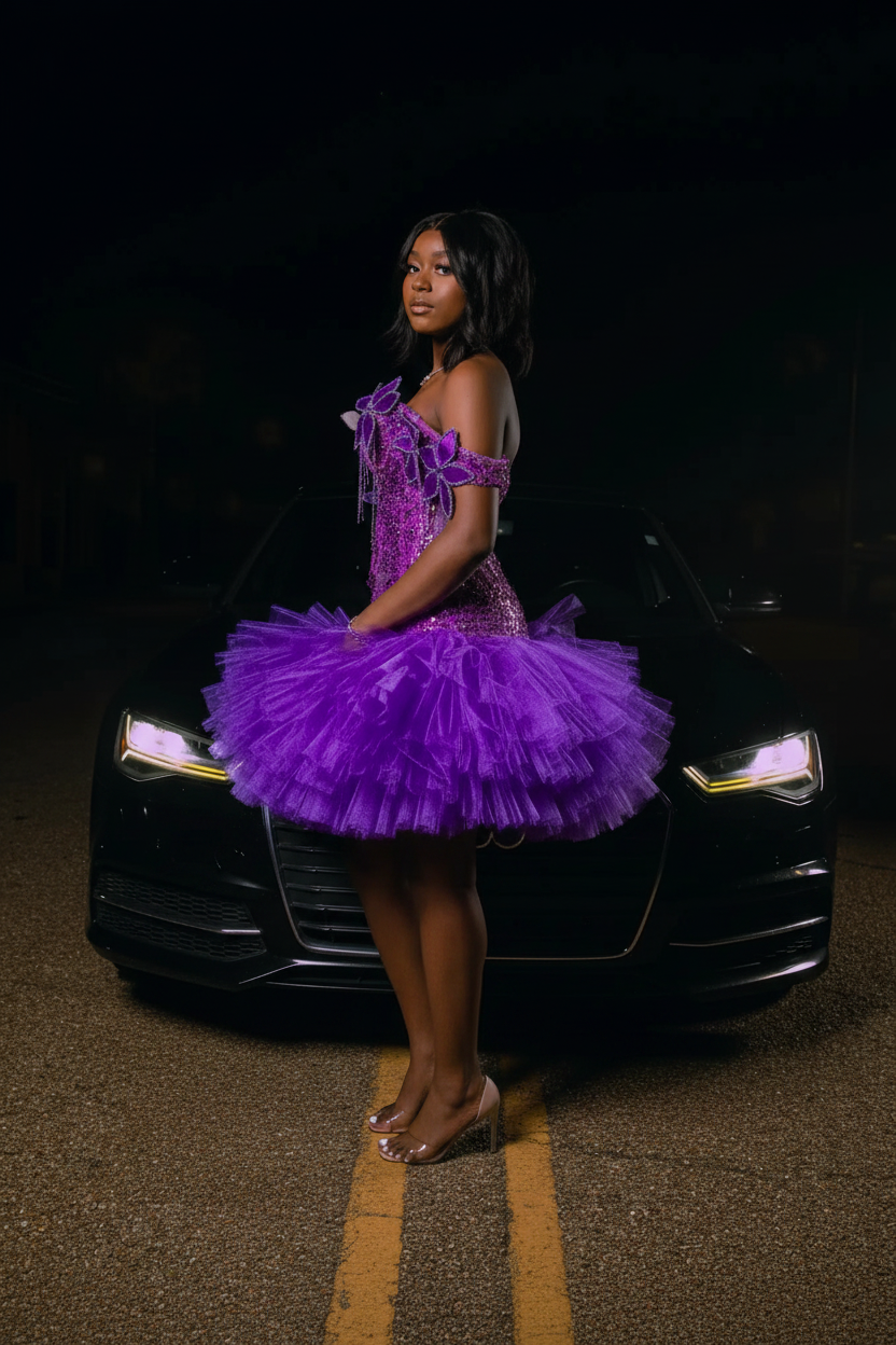 Purple Butterfly Sequin Beaded Off-Shoulder A-Line Ruffle Mini Homecoming Dress HC075 - Side