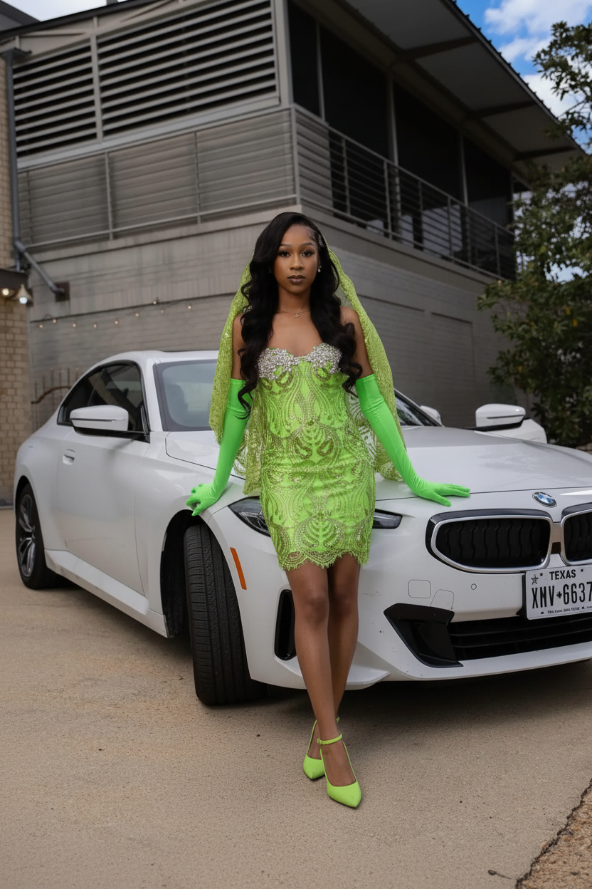 Lime green lace sequin mini party dress front view