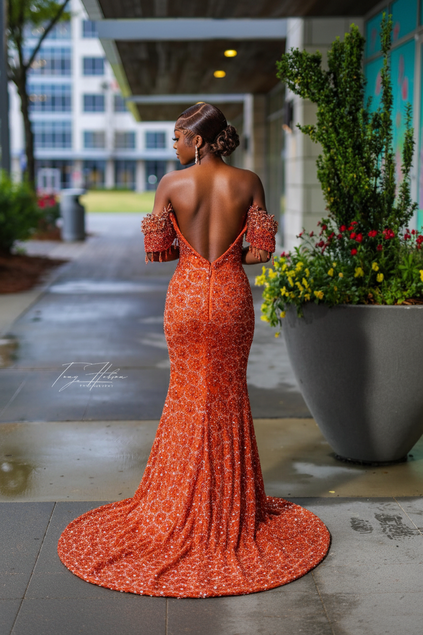 Burnt Orange Off-Shoulder Sequin Beaded Mermaid Gown-LLELLA