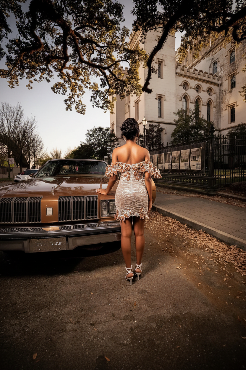Silver off-shoulder sequin beaded mini party dress with 3D floral details, back view