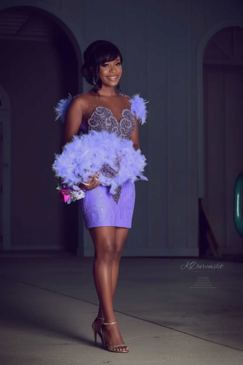 Lavender Dream Crystal Beaded Short Homecoming Dress with Feather Sleeves and Ruffle Skirt