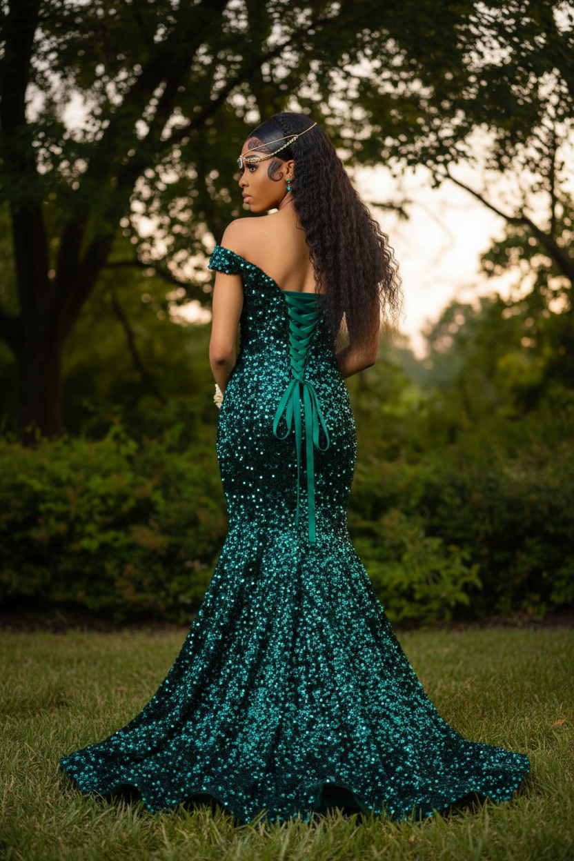 Emerald Green Sequin Mermaid Prom Dress BK4749 - Back View
