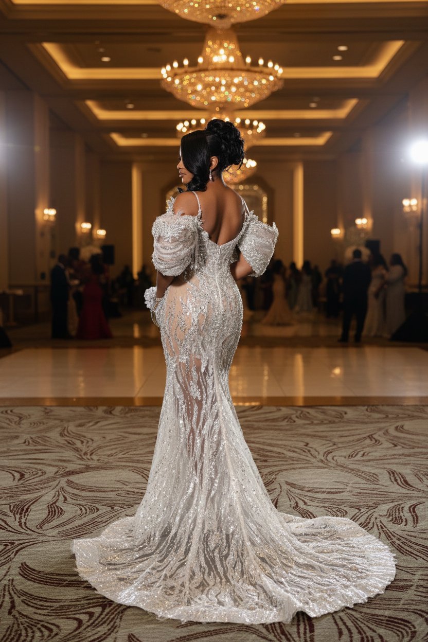 Silver grey illusion sequin mermaid prom dress back view