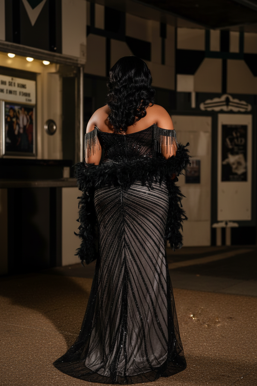 Black crystal fringe corset mermaid prom dress back view with feather boa