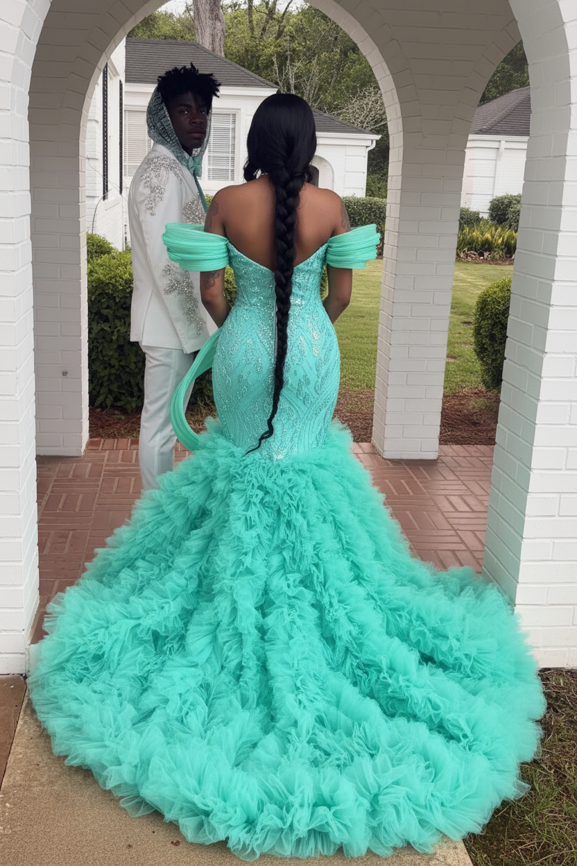 BK4732 mint green mermaid prom dress back view