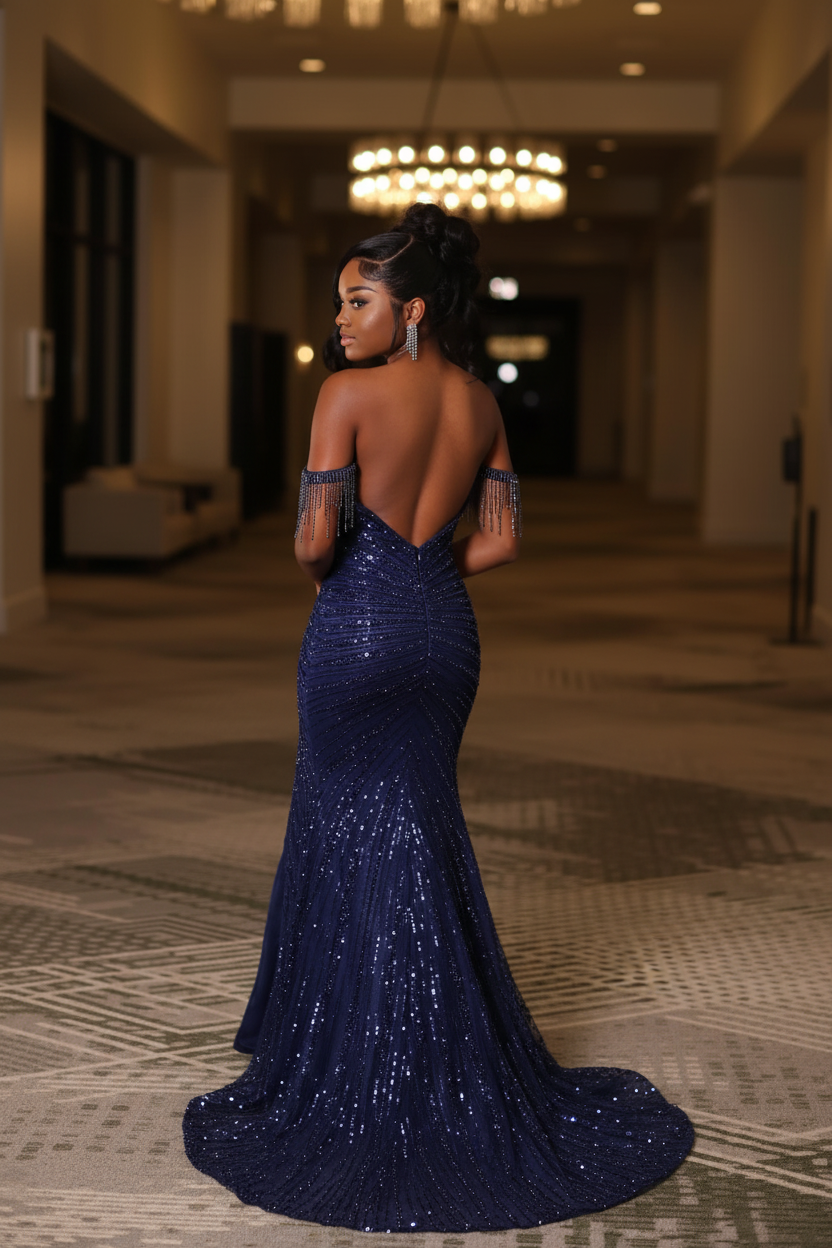 Navy blue sequin mermaid prom dress - back view showing open back and sweep train