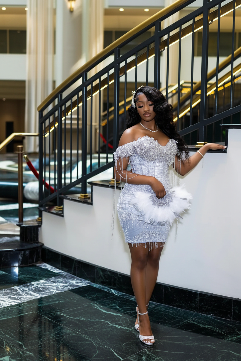 Glacial Silver Crystal Fringe Off-Shoulder Mini Homecoming Dress with Feather Accents