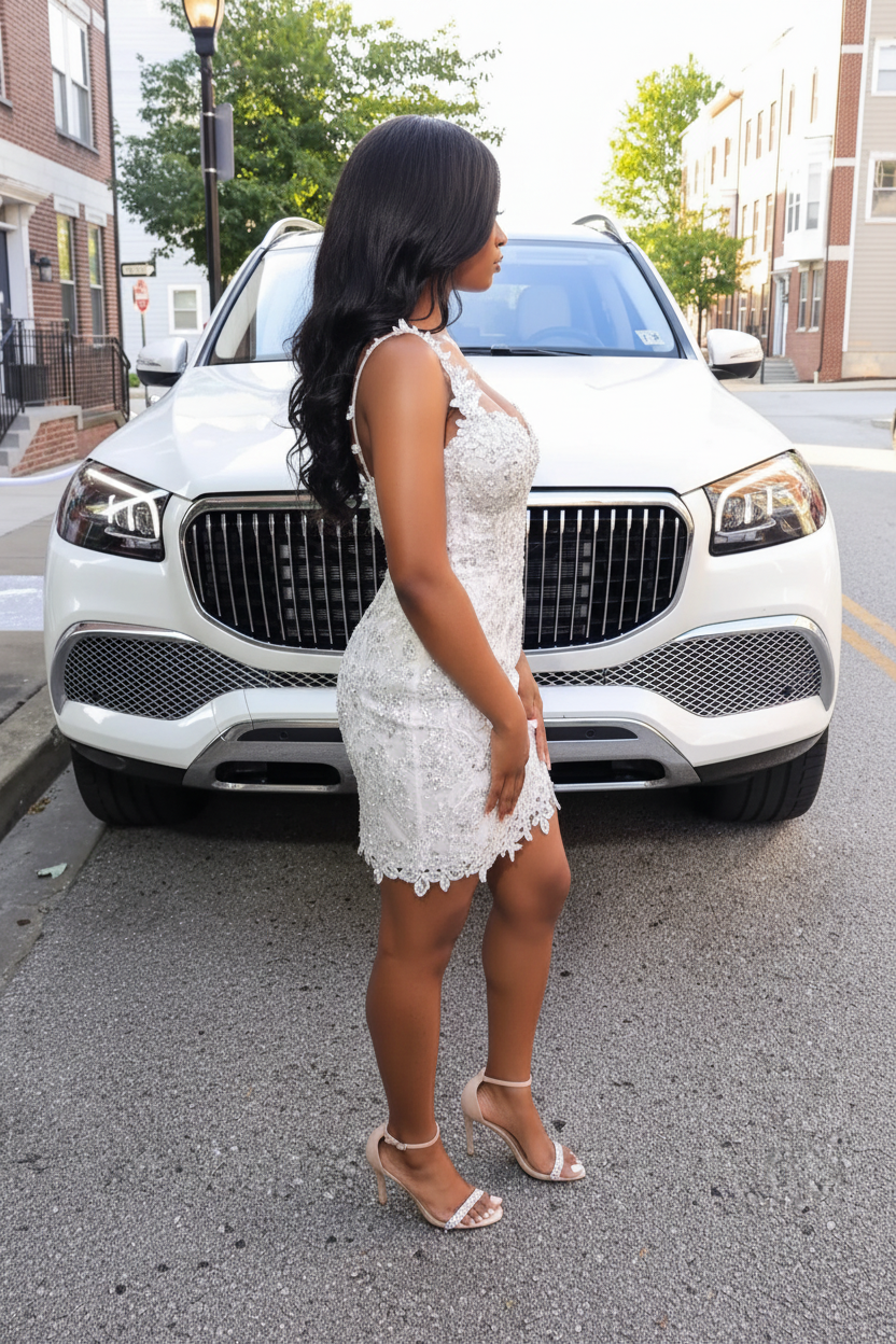 Silver crystal illusion beaded lace mini homecoming dress side view