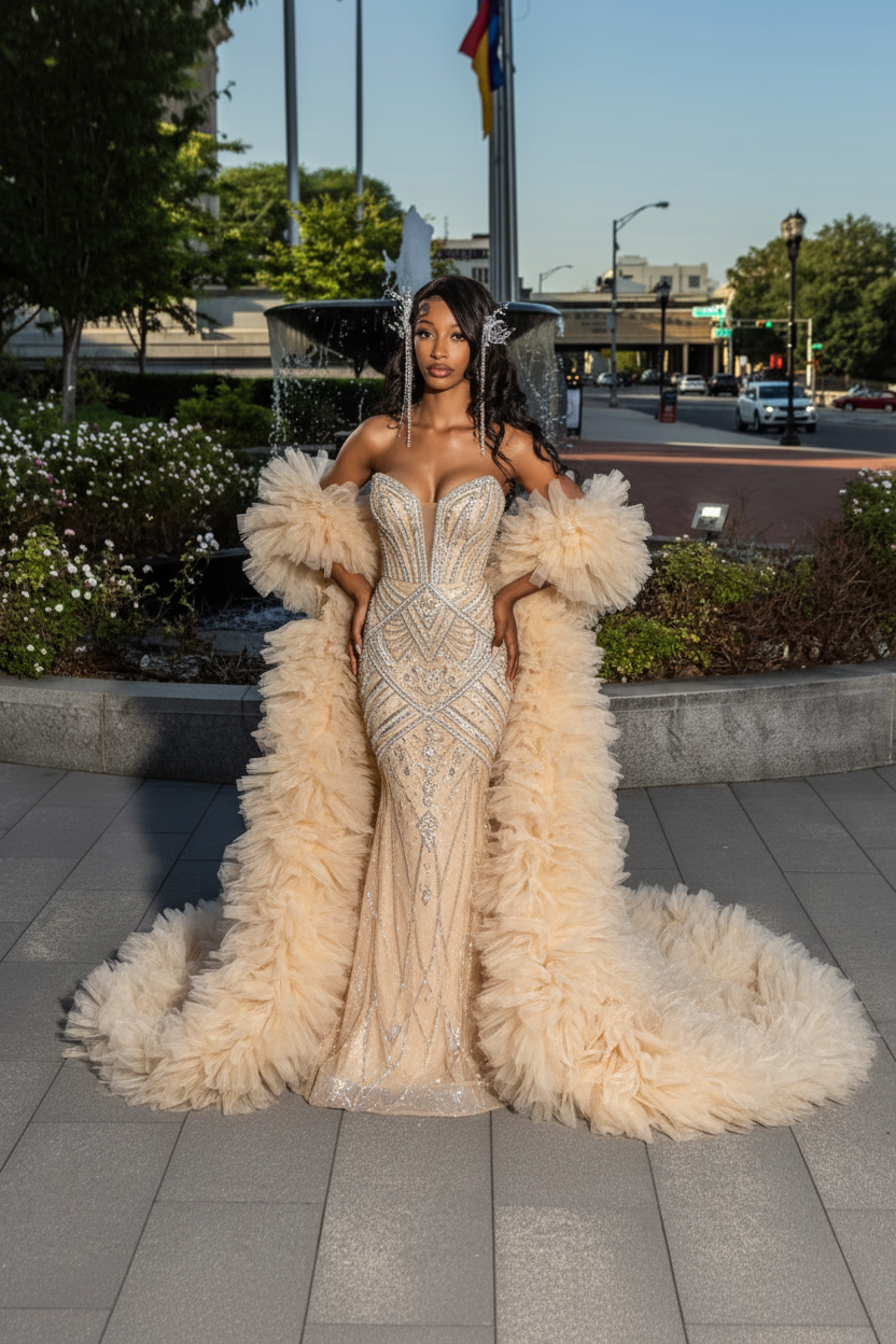 Champagne - Crystal Beaded Mermaid Gown