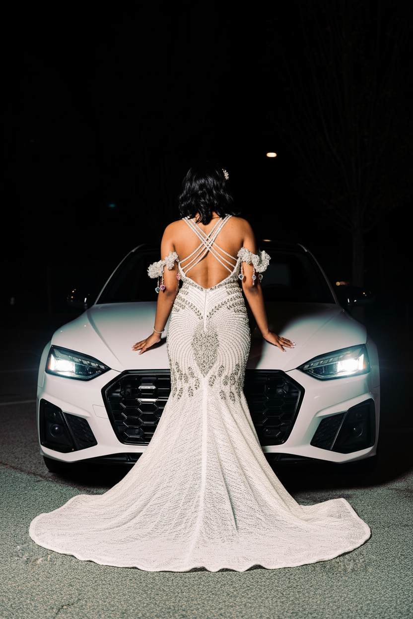 White silver spiral crystal mermaid prom dress back view lace train