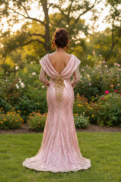 Blush pink gold sequin mermaid prom dress - back view