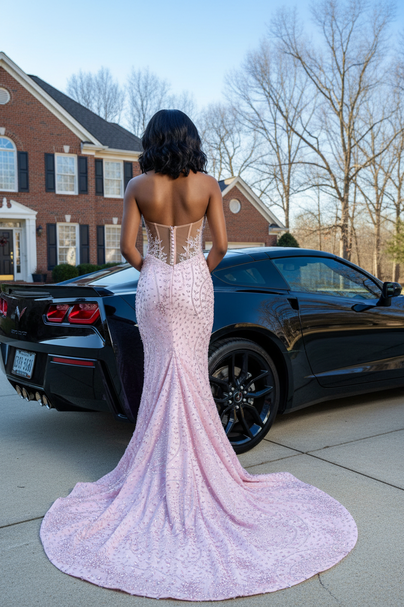 Blush pink 3D floral crystal beaded mermaid prom dress - back view showing open back and sweep train