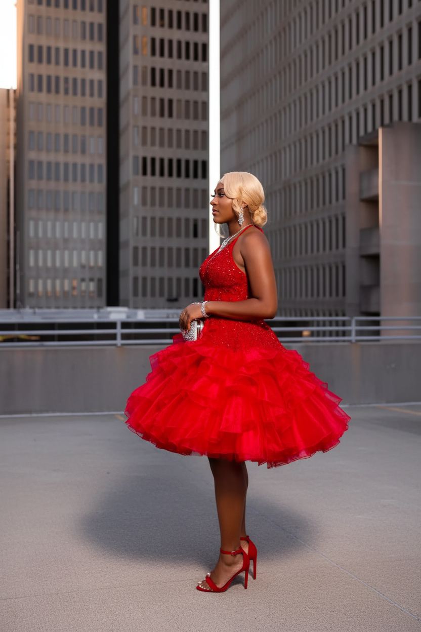 Red Halter V-Neck Crystal Beaded A-Line Ruffle Mini Homecoming Dress HC077 - Side