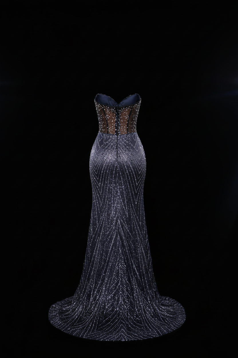 Navy gunmetal sequin mermaid prom dress - back view