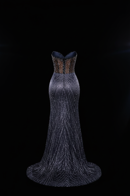 Navy gunmetal sequin mermaid prom dress - back view