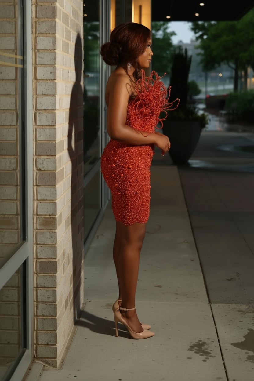 Burnt Orange Red Crystal Beaded Off-Shoulder Homecoming Mini Party Dress - Side View