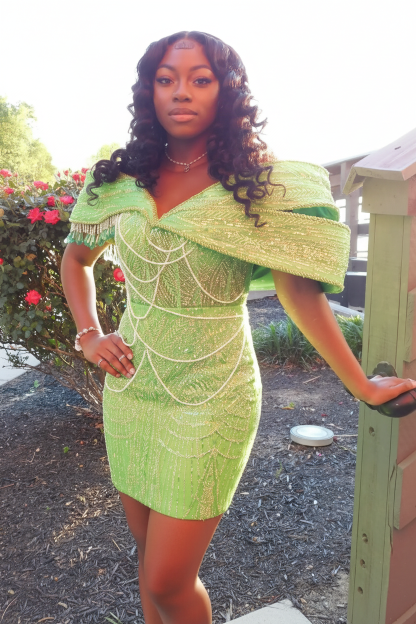 Lime Green Gold Off-Shoulder Puff Sleeve Pearl Chain Mini Homecoming Dress