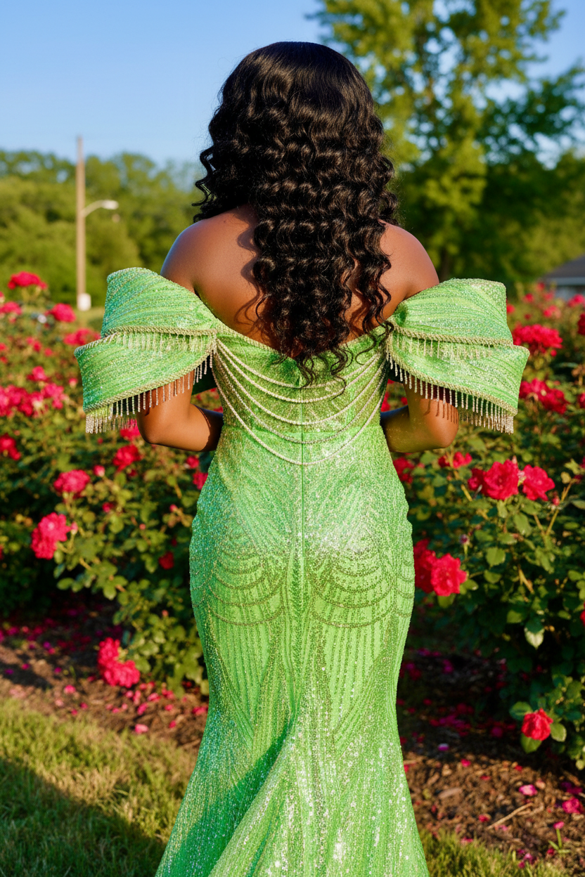 Lime green gold off-shoulder fringe puff sleeve pearl chain crystal beaded mermaid prom dress - back view showing V-back pearl chain drapes and fringe sleeves