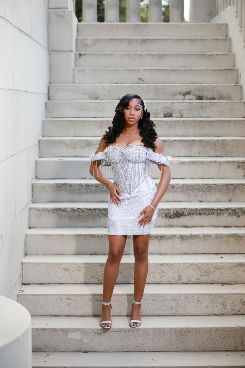 Model wearing silver crystal beaded off-shoulder homecoming dress with crystal fringe, mini length just above the knee, on marble stairs