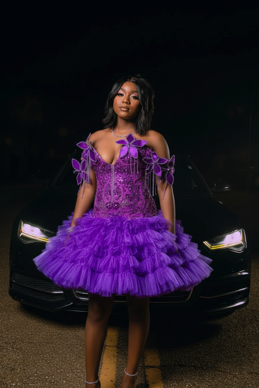 Purple Butterfly Sequin Beaded Off-Shoulder A-Line Ruffle Mini Homecoming Dress HC075 - Front