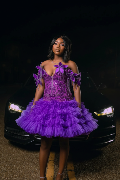 Purple Butterfly Sequin Beaded Off-Shoulder A-Line Ruffle Mini Homecoming Dress HC075 - Front