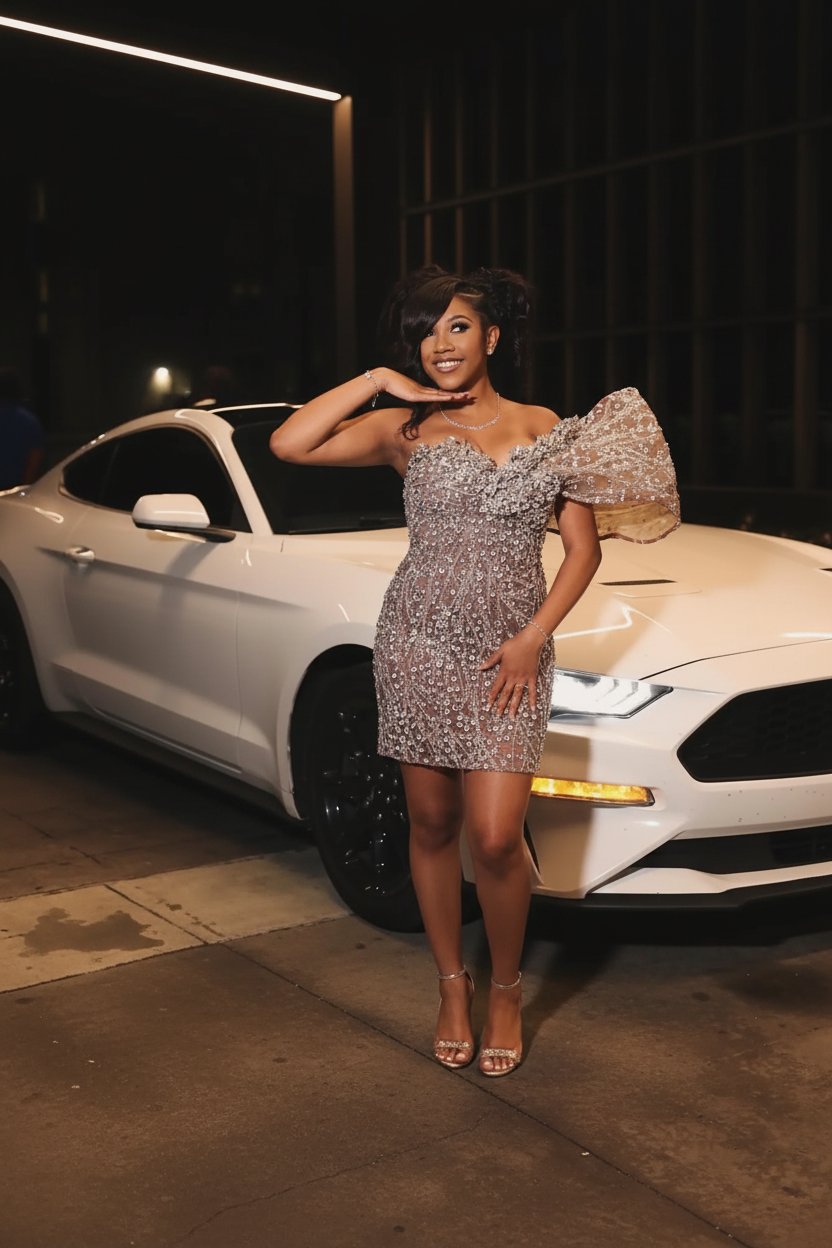 Silver Crystal Beaded Off-Shoulder Mini Homecoming Dress - Front View