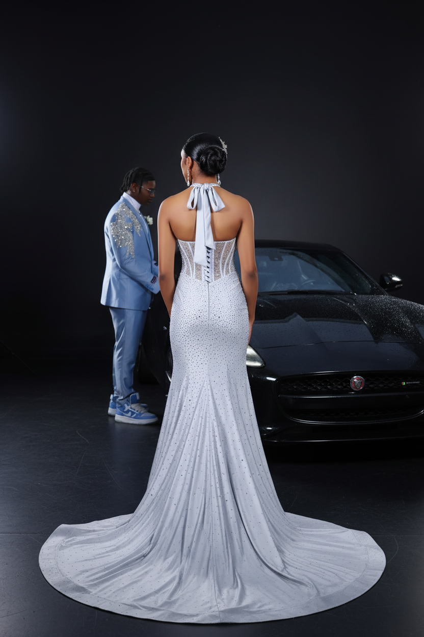 Silver Crystal Rhinestone Mermaid Prom Dress with Sheer Corset Bodice & High Slit-LLELLA