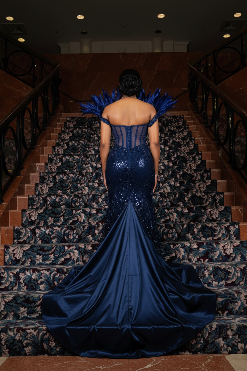 Navy blue corset crystal mermaid prom dress back view feather shoulder velvet train