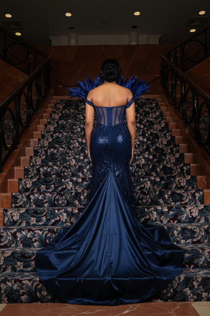 Navy blue corset crystal mermaid prom dress back view feather shoulder velvet train
