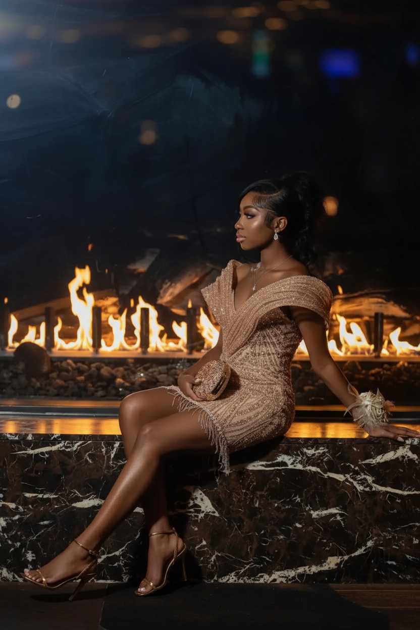 Rose gold off-shoulder sequin beaded mini party dress with feather cuffs, side view