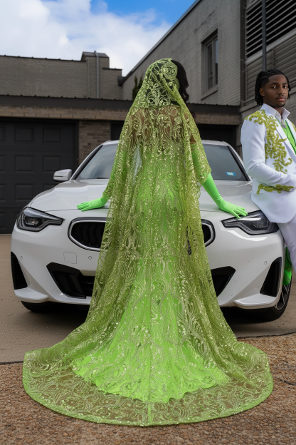 Neon lime green gold peacock sequin mermaid prom dress back view with lace cape veil