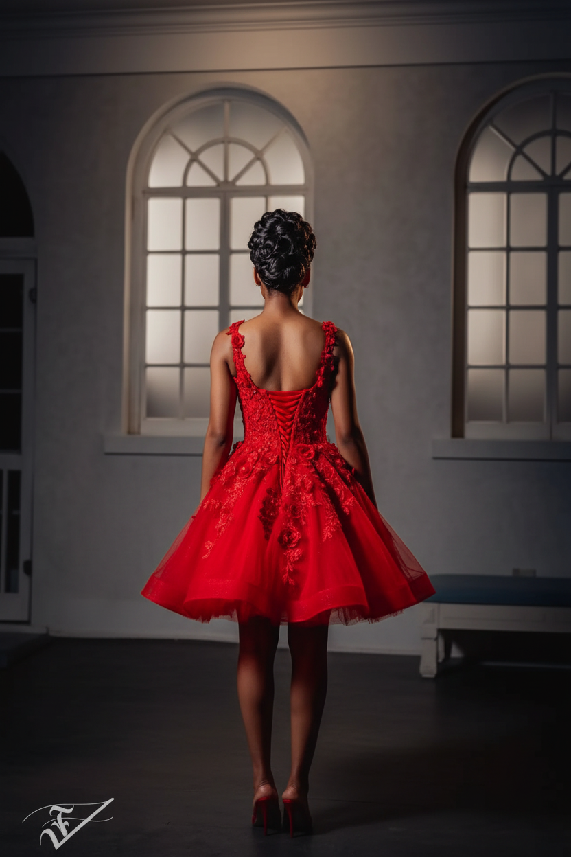 Red Lace Corset Mini Homecoming Dress - Back View